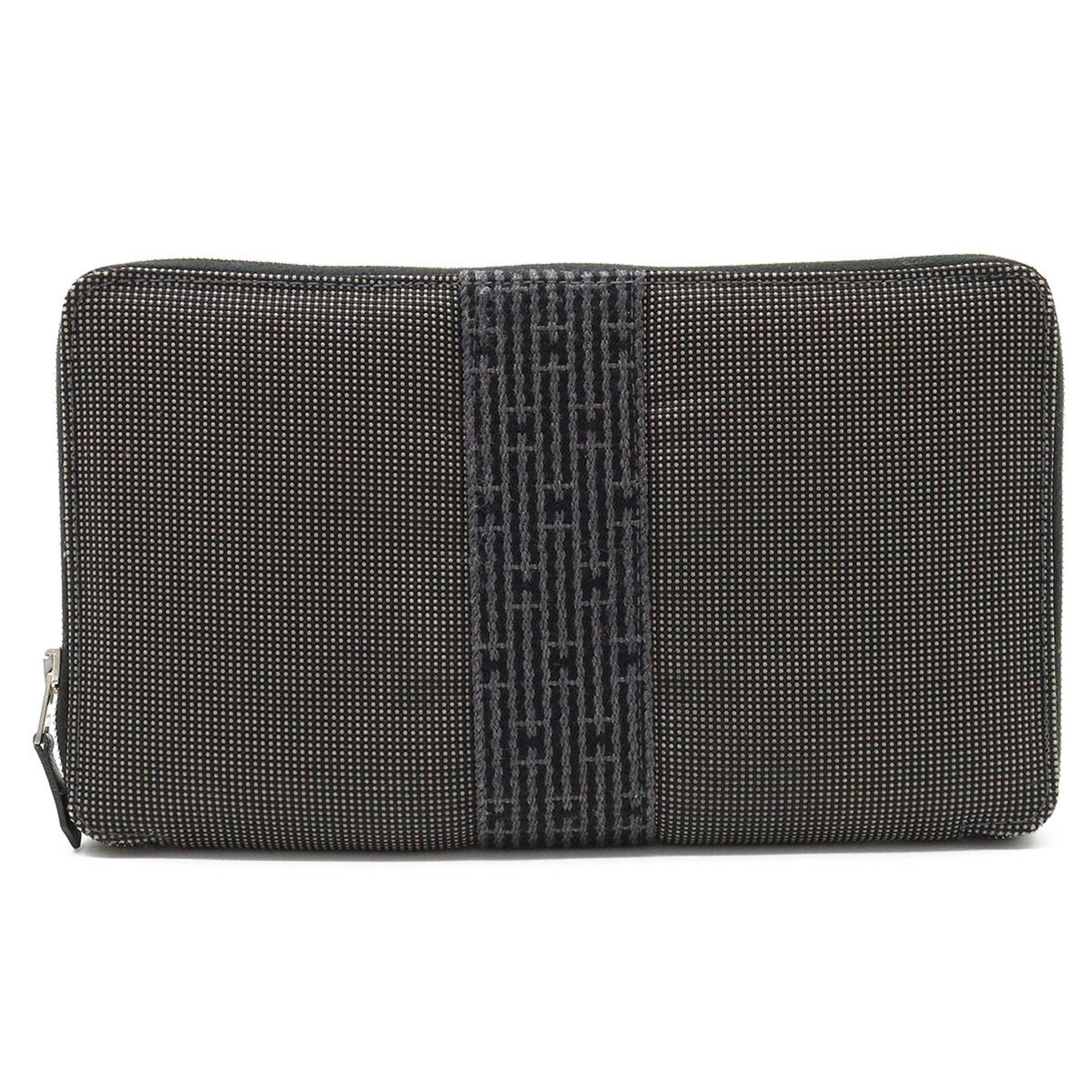 Hermes Yale Line Purse Gm Round Long Wallet Passport Case Canvas Gray